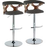 Gardenia Adjustable Swivel Bar Stool in Chrome, Walnut Wood & Charcoal Fabric (Set of 2)